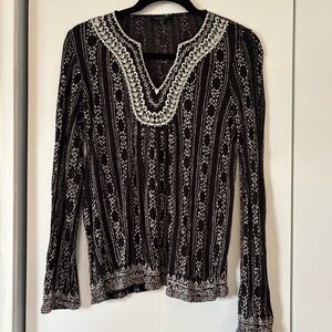 Lucky Brand Women’s Blouse Small Black White Embroidered Boho Top Long Sleeve